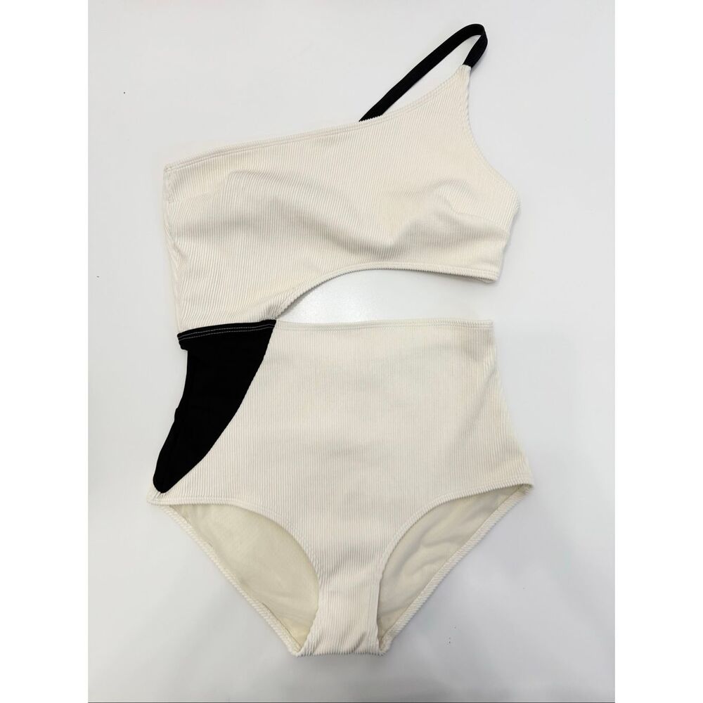 Flagpole NYC‎ Cream Black Ribbed Asymmetric Ali Cut Out One Piece Swimsuit Large